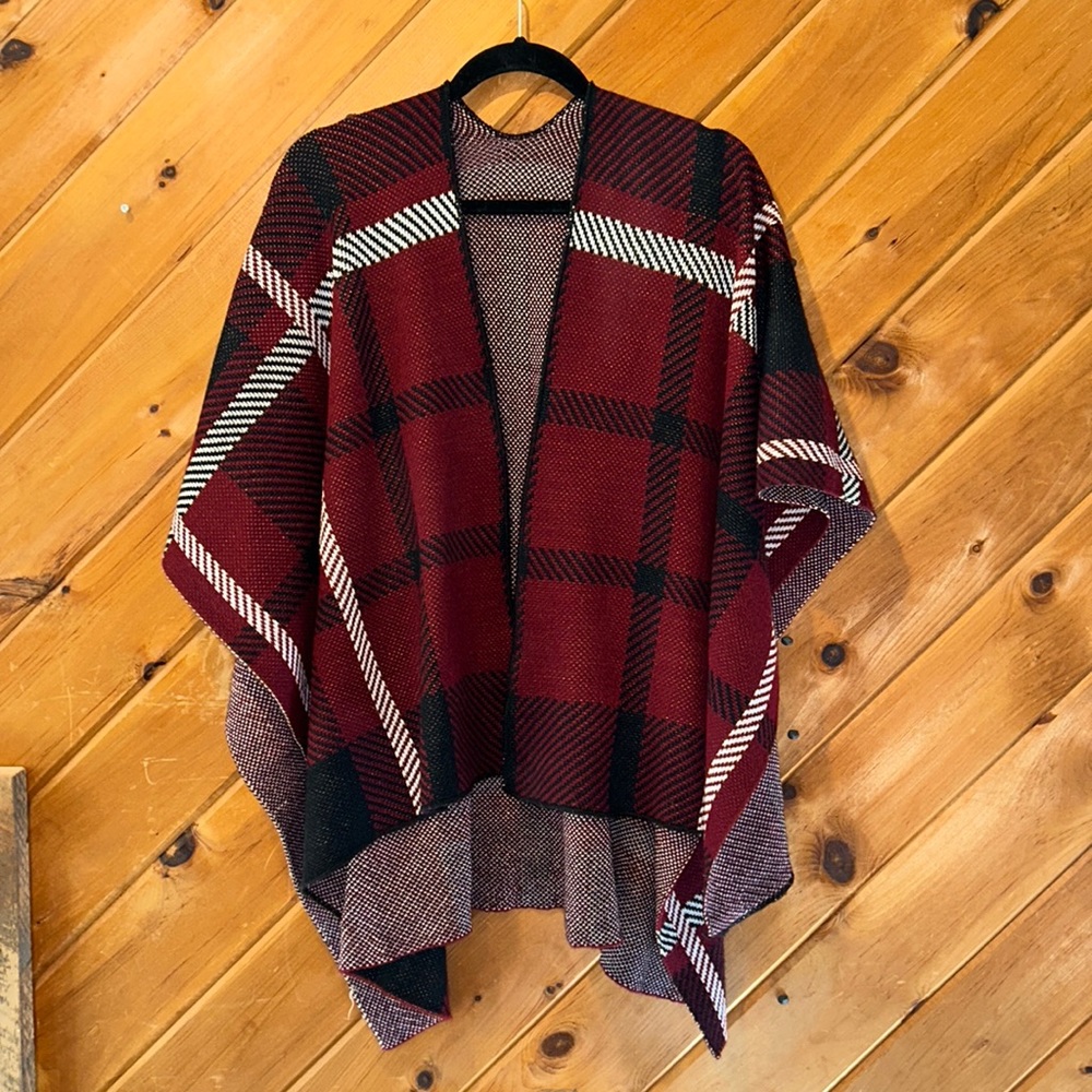 Maroon & gray plaid oversized cape wrap poncho sweater